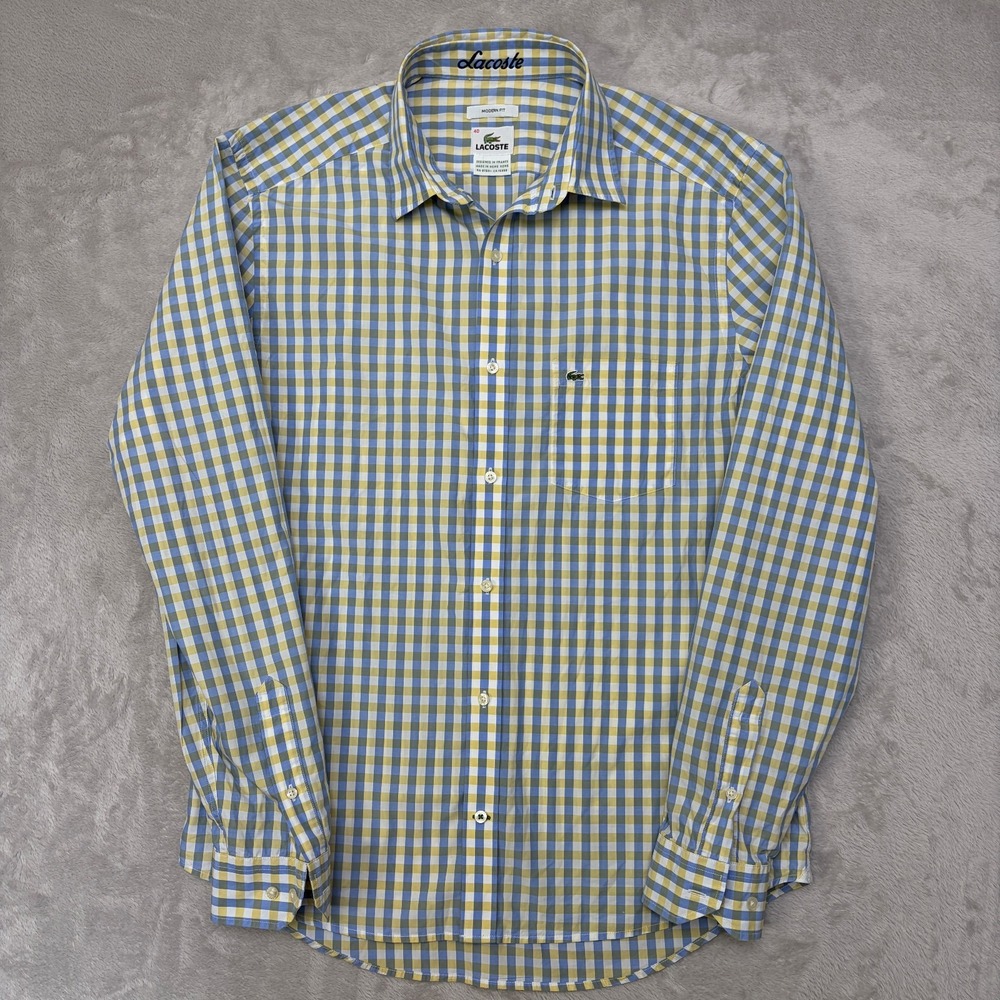 Lacoste Spread Collar Modern Fit Poplin Cotton Button-Up FR40 M yellow/blue logo